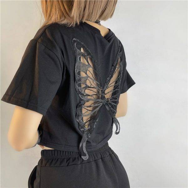 Gothic Butterfly Wings Black Hollow Out Short Sleeve Crop Top Gothtopia https://gothtopia.com