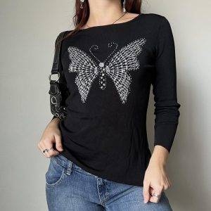 Vintage Grunge Butterfly Print T-Shirt E Girl Dark Academia Long Sleeve Tee Streetwear Gothtopia https://gothtopia.com
