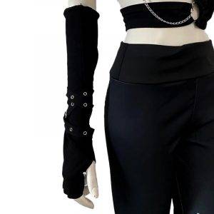 Black Gothic Unisex Punk Fingerless Eyelet Ribbon Elbow Length Out sleeve Gloves Gothtopia https://gothtopia.com