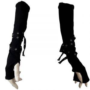 Black Gothic Unisex Punk Fingerless Eyelet Ribbon Elbow Length Out sleeve Gloves Gothtopia https://gothtopia.com