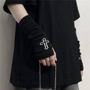 Black Gothic Unisex Punk Fingerless Knitted Stretch Cross Gloves Gothtopia https://gothtopia.com