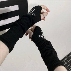 Black Gothic Unisex Punk Fingerless Knitted Stretch Cross Gloves Gothtopia https://gothtopia.com