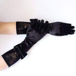 Elegant Lace Patchwork Bow Elbow Length Full Finger Gloves Solid Black Gothic Satin Gloves Gothtopia https://gothtopia.com