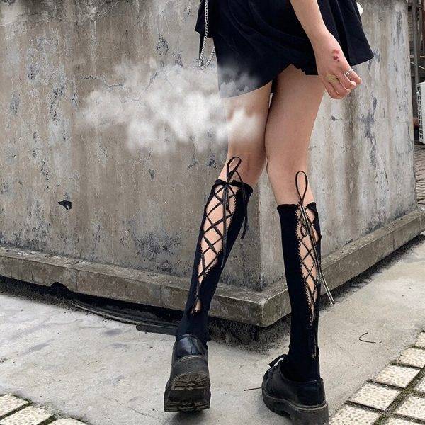 Gothic Women’s Hollow Out 100% Cotton Solid Black Dark Lolita Criss-cross Ribbon Stockings Gothtopia https://gothtopia.com