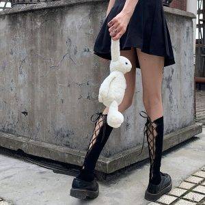 Gothic Women’s Hollow Out 100% Cotton Solid Black Dark Lolita Criss-cross Ribbon Stockings Gothtopia https://gothtopia.com