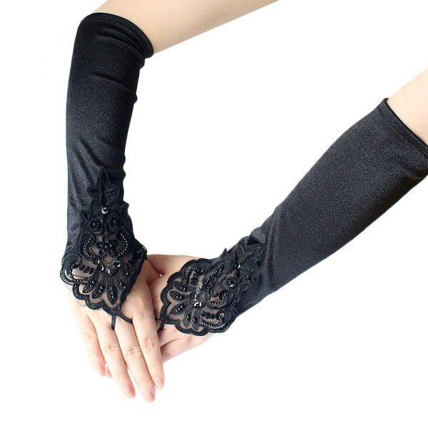 Black Gothic Satin Elbow Length Pearl Lace Patchwork Sequin Gloves Gothtopia https://gothtopia.com