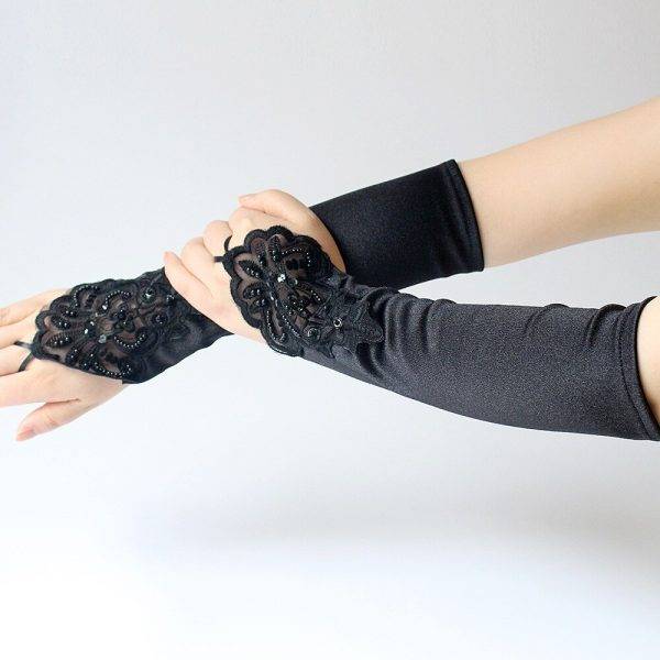 Black Gothic Satin Elbow Length Pearl Lace Patchwork Sequin Gloves Gothtopia https://gothtopia.com