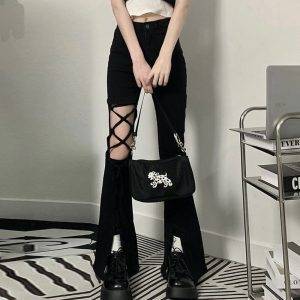 Black Gothic Hollow Out Flare Denim Irregular Street Long Jeans S-2XL Gothtopia https://gothtopia.com