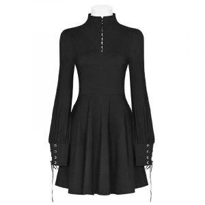 Classic Elegant Black Gothic Women’s Eyelet Lace-up Buttons Empire Long-sleeve A-line Dark Dress Gothtopia https://gothtopia.com