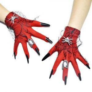 Spider Skull Red Gothic Wrist Length Lace Satin Gloves Gothtopia https://gothtopia.com