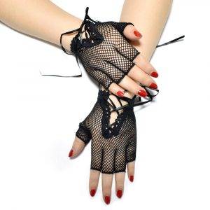 Lace-up Hollow Out Wrist-length Thin Cosplay Black Gothic Half-finger Mesh Gloves Gothtopia https://gothtopia.com