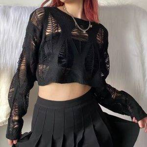 Black Gothic Hollow Out Long Sleeve Sexy Pullover Knitted Short Sweater Gothtopia https://gothtopia.com