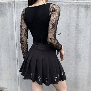 Black Gothic Eyelet Lace-up Bust Square Collar Top Lace Patchwork Short-length T-Tops Gothtopia https://gothtopia.com
