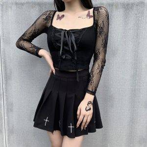 Black Gothic Eyelet Lace-up Bust Square Collar Top Lace Patchwork Short-length T-Tops Gothtopia https://gothtopia.com