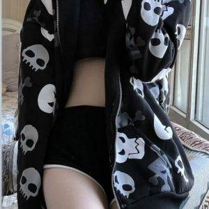 Skull Graphics Printing Cotton Fun Gothic Dark Metal Hooded Zippered Jacket Sweatshirt Gothtopia https://gothtopia.com
