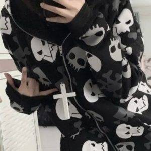Skull Graphics Printing Cotton Fun Gothic Dark Metal Hooded Zippered Jacket Sweatshirt Gothtopia https://gothtopia.com