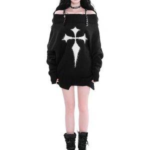 Gothic Punk Women’s Dark Grunge Off Shoulder Long Sleeve Knitted Pullover Sweaters Gothtopia https://gothtopia.com
