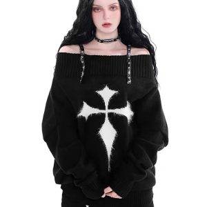 Gothic Punk Women’s Dark Grunge Off Shoulder Long Sleeve Knitted Pullover Sweaters Gothtopia https://gothtopia.com