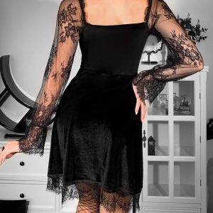 Elegant Gothic Black Draped Bodycon Long Sleeve Vintage Dress Gothtopia https://gothtopia.com