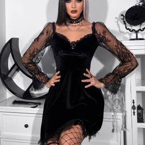 Elegant Gothic Black Draped Bodycon Long Sleeve Vintage Dress Gothtopia https://gothtopia.com