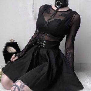 Gothic Black Women’s Lace-up Back Zip Hipster Black Bubble Pleated Mini Skirt Gothtopia https://gothtopia.com