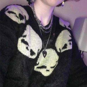 Skull Print Long Sleeve Goth Punk Fairy Grunge Sexy V-Neck Knitted Pullovers Vintage Sweater Gothtopia https://gothtopia.com