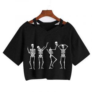 Skeleton Head Juggle Women’s Casual Gothic Summer Loose V-neck Crop Tops Gothtopia https://gothtopia.com