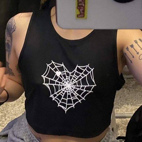 SpiderHeart Gothic Sleeveless Summer Aesthetic Crop Top Aesthetic Streetwear Gothtopia https://gothtopia.com