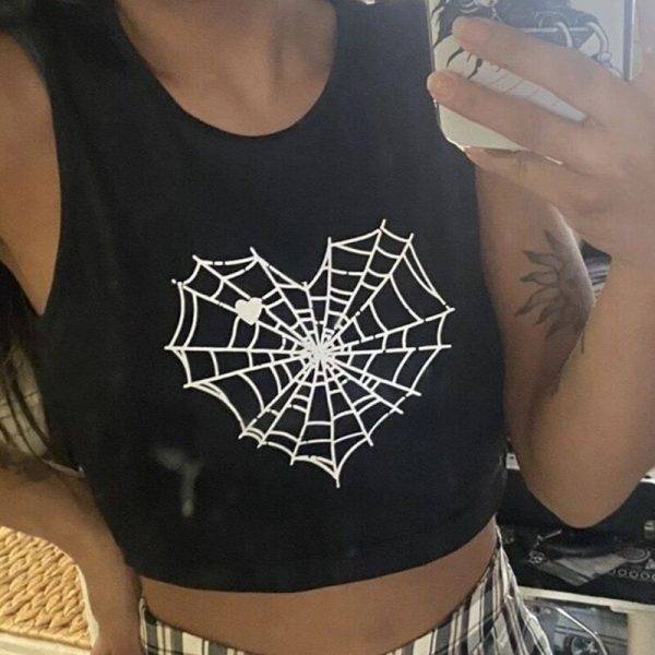 SpiderHeart Gothic Sleeveless Summer Aesthetic Crop Top Aesthetic Streetwear Gothtopia https://gothtopia.com