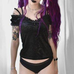 Sexy Gothic Black Vintage Lace Bodycon Patchwork Butterfly Floral Embroidery Aesthetic Tops Gothtopia https://gothtopia.com