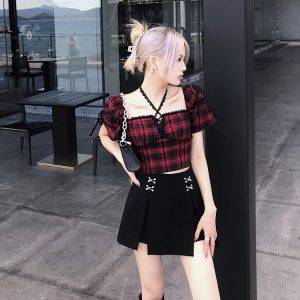 Summer Gothic Women’s Red Sexy Hollow Out Lace-up Puff Sleeve Print Streetwear Tops Gothtopia https://gothtopia.com