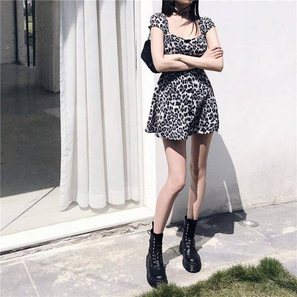 Punk Style Cute Leopard Printed Square Neck Short Sleeve Sexy Summer Gothic Dresses Gothtopia https://gothtopia.com