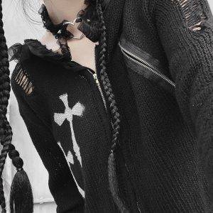 Spring Autumn Punk Gothic Girls Grunge Hip Hop Gothic Crosses Black Hoodies Gothtopia https://gothtopia.com