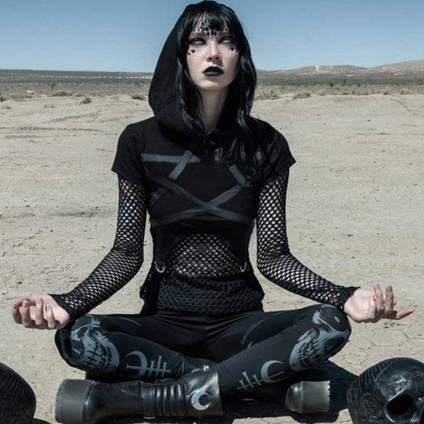 Summer New Gothic Punk Women Black Pentacle Long-sleeved Round neck Slim Hoodie Gothtopia https://gothtopia.com