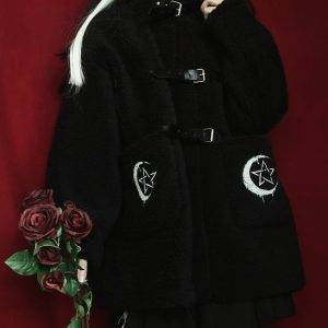 Autumn Winter Punk Gothic Girls Moon Star Print Triple Buckle Black Sweatshirt Gothtopia https://gothtopia.com