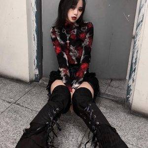 Autumn Winter Gothic Pullover Slim Long Sleeve Bottoming Black Red Printing Punk Tops Gothtopia https://gothtopia.com