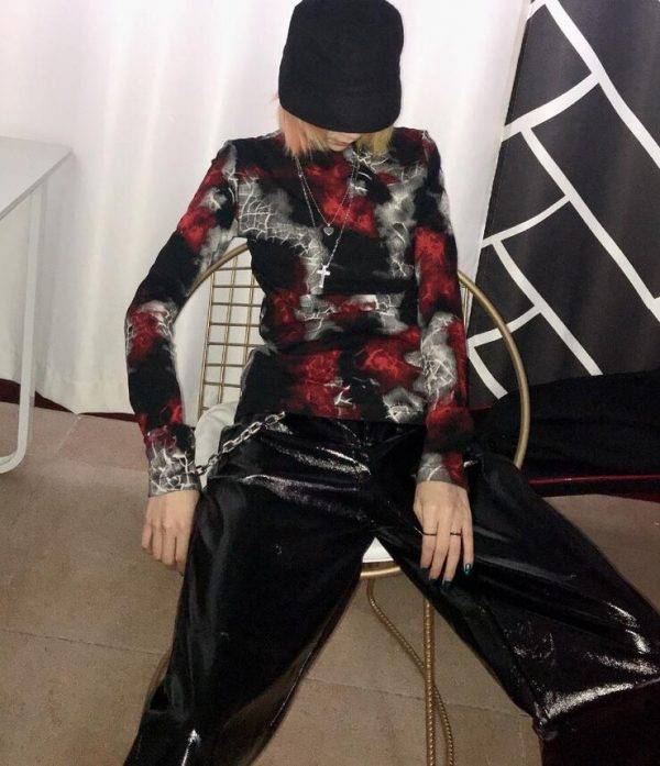 Autumn Winter Gothic Pullover Slim Long Sleeve Bottoming Black Red Printing Punk Tops Gothtopia https://gothtopia.com