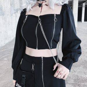 Sexy Club Gothic Black Spring Autumn Slim Chain Punk Style Fashion Chic Tops Gothtopia https://gothtopia.com