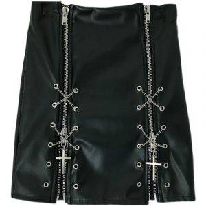 Autumn PU Leather Skirt High Waist Punk Hollow out Zipper Black Gothic Streetwear Mini Skirts Gothtopia https://gothtopia.com