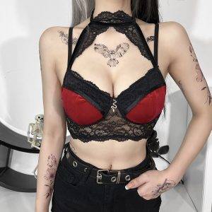 Gothic Punk Black Tight Summer Lace Up and Lace Pattern Halter O Neck Cropped Camisole Gothtopia https://gothtopia.com