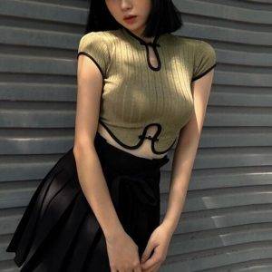 Goth Mall Vintage Y2k Women’s Gothic Cut Out Sexy Short Sleeve Bodycon Ribbed Crop Tops Gothtopia https://gothtopia.com