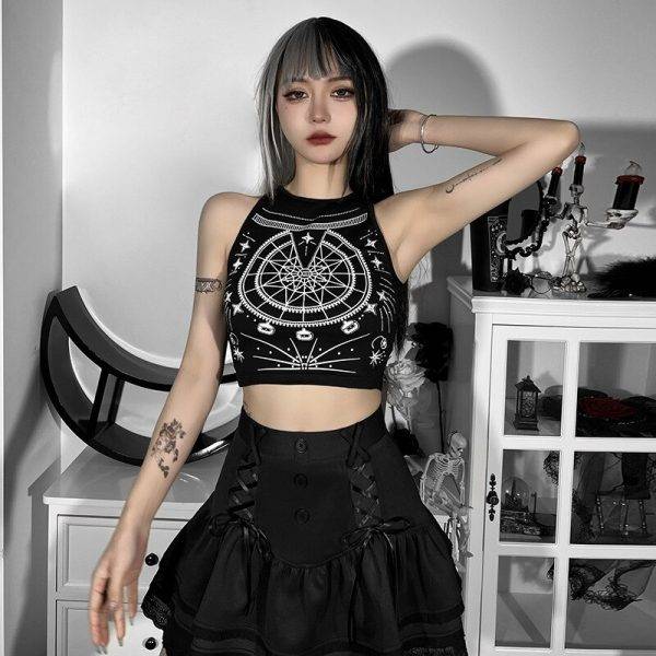 Gothic Grunge Women’s Vintage Emo Print O Neck Crop Top Y2K Streetwear Gothtopia https://gothtopia.com