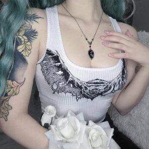 Sexy White Women’s Gothic Bat Print Bodycon Sleeveless Short Casual Slim Tank Tops Gothtopia https://gothtopia.com