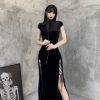 Retro Vintage Cheongsam Long Split Slim Bodycon Gothic Black Velvet Party Dresses – 2 Styles Gothtopia https://gothtopia.com