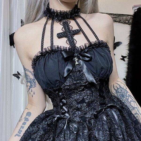 Gorgeous Gothic Y2K Lace Up Sexy Backless Sleeveless Party Luxury Flower Mini Dress Gothtopia https://gothtopia.com