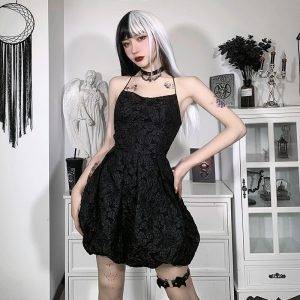 Elegant Goth Sexy Women’s Backless Solid Spaghetti Strap Pleated Summer Dress – Black/White Gothtopia https://gothtopia.com