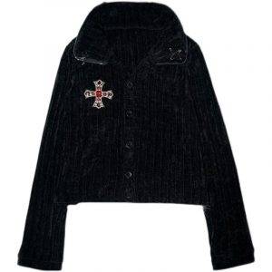 Designer Gothic Punk Knitted Open Stitch Cross Diamonds Beading Subculture Rock Streetwear Black Jacket Gothtopia https://gothtopia.com