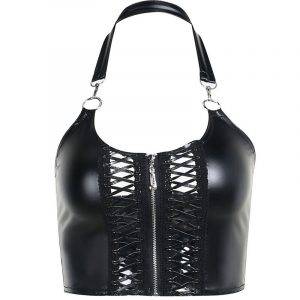 Goth Hollow Out Mall Gothic Crop Halter Tops Grunge Faux Pu Zip Up Sexy Backless Camisole Gothtopia https://gothtopia.com