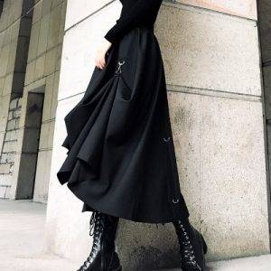 Adjustable Harajuku Punk Style High Waist Splicing Buckle Irregular Gothic Black Streetwear Skirt Gothtopia https://gothtopia.com