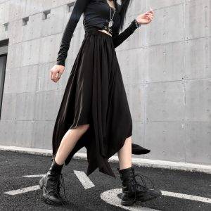 Dark Black Irregular High Waist Goth Punk Long Skirt Vintage Skirt Gothtopia https://gothtopia.com